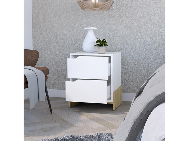 Nightstand Brookland, Bedside Table With Double Drawers And Sturdy Base, White / Macadamia Finish
