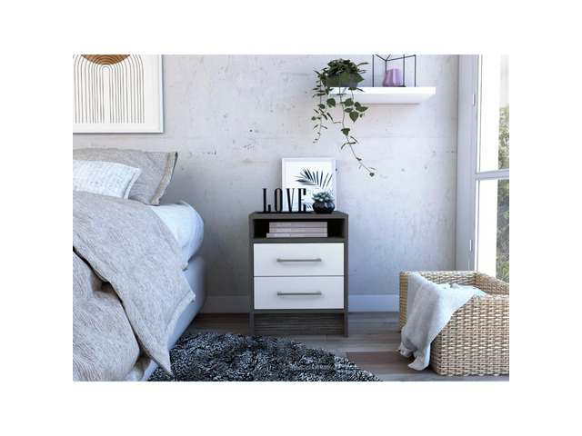 Nightstand 20'H, Two Drawers, Superior Top, Metal Handles, Smokey Oak / White