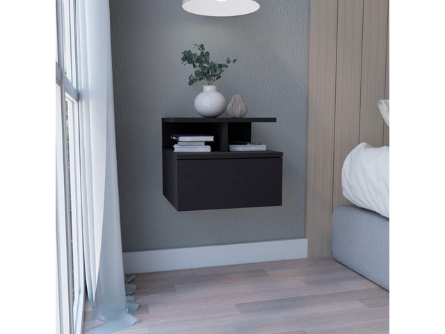 Floating Nightstand 12'H, Wall Mounted With Single Drawer And 2-Tier Shelf, Black