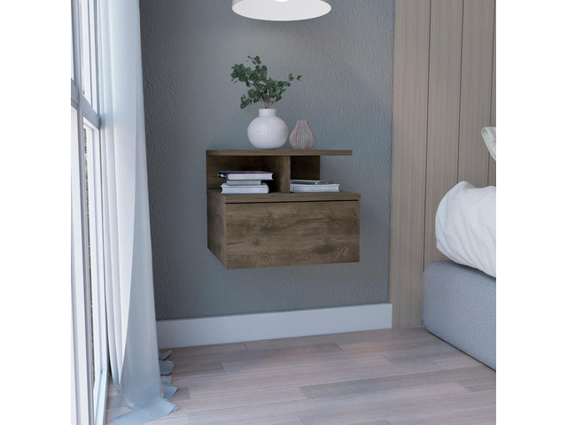 Floating Nightstand 12'H, Wall Mounted With Single Drawer And 2-Tier Shelf, Dark Walnut