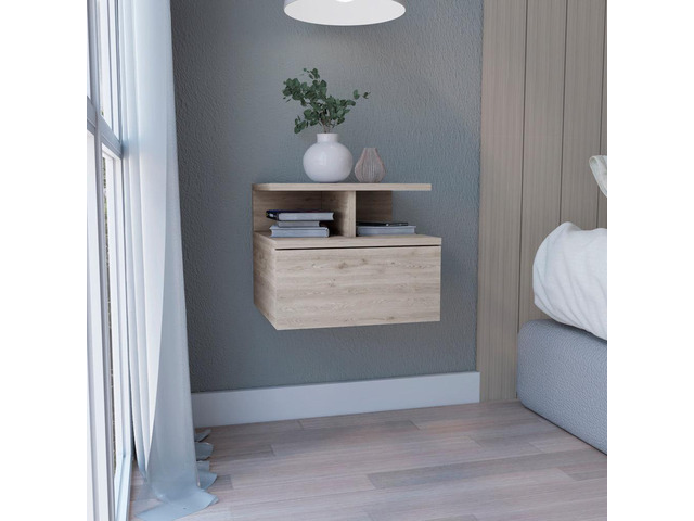 Floating Nightstand 12'H, Wall Mounted With Single Drawer And 2-Tier Shelf, Light Gray