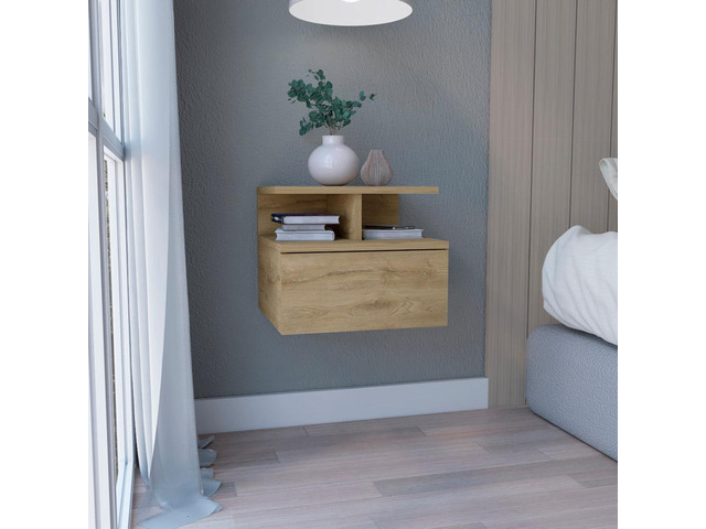 Floating Nightstand 12'H, Wall Mounted With Single Drawer And 2-Tier Shelf, Macadamia