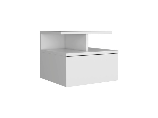 Floating Nightstand 12'H, Wall Mounted With Single Drawer And 2-Tier Shelf, White