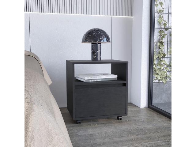 Nightstand 20'H, With One Open Shelf, 1 Drawer And Casters, Black