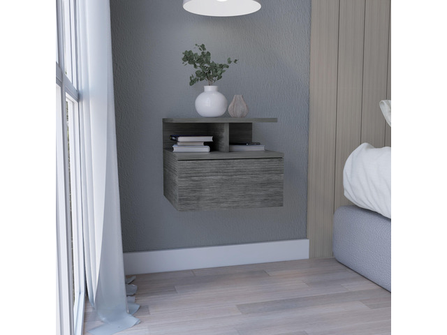 Floating Nightstand 12'H, Wall Mounted With Single Drawer And 2-Tier Shelf, Smokey Oak