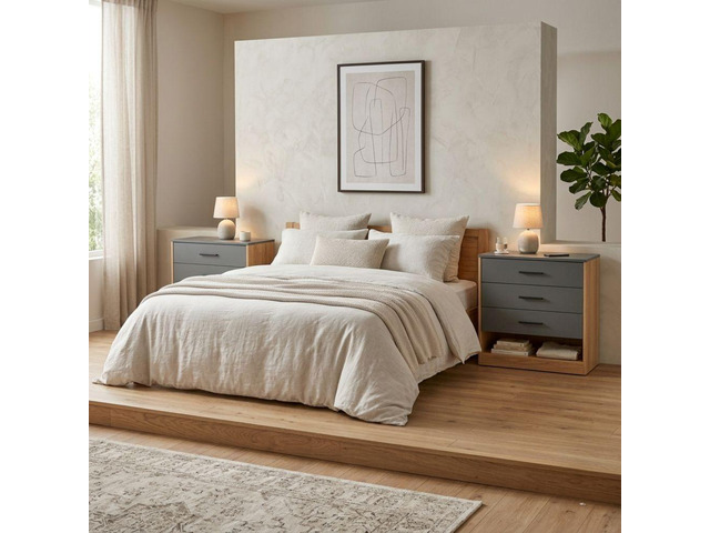 Boras Set Of 2 Small Dressers, Minimalist Modern Style, High Capacity Bedroom Storage Furniture, Natural Oak And Gray