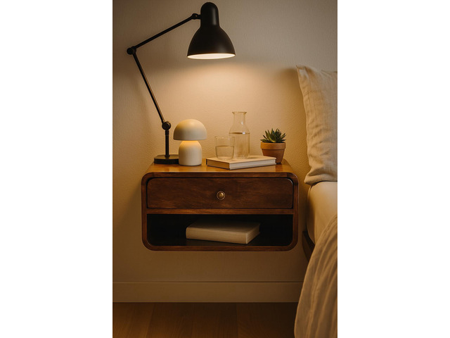 Solid Wood Curved California Walnut Wall-Mounted Bedside, Open Slot, 1-Drawer