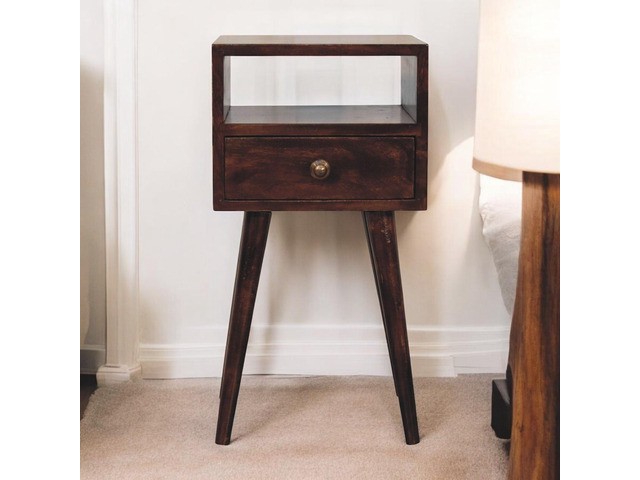 Solid Wood Mini California Walnut Nightstand, 1-Drawer, 1 Open-Slot, Nordic Legs, Dark Brown