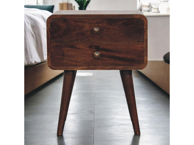 Solid Wood Curved California Walnut Nightstand, 2-Drawers, Nordic Legs, Dark Brown