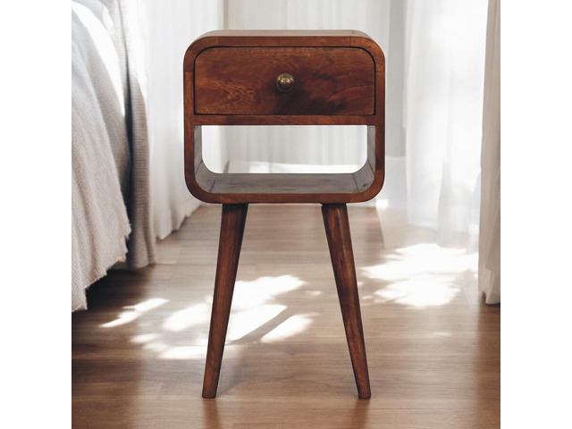 Solid Wood Mini Honey Caramel Curved Bedside, 1-Drawer, 1 Open-Slot, Nordic Legs, Brown