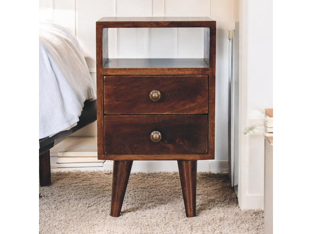 Solid Wood Mini Classic California Walnut Bedside, 2-Drawers, 1 Open Shelf, Nordic Legs, Dark Brown