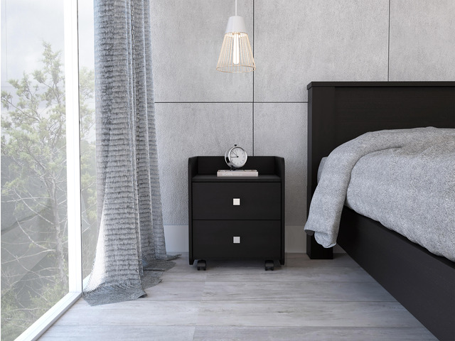 Aura Nightstand, End Table, Side Table Metal Handle, Two Drawers, Superior Top -Black