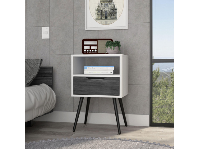 Otom Nightstand, Superior Top, One Open Shelf, One Drawer, Four Legs -Smokey Oak / White