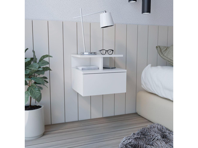 Adele Floating Nightstand, End Table, Side Table Drawer, Open Top Shelves -White