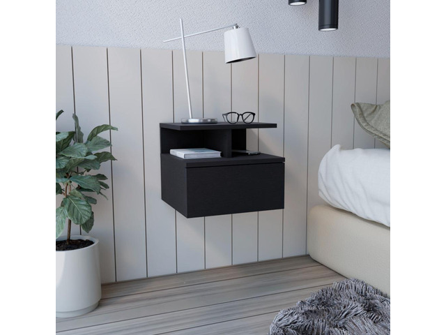 Adele Floating Nightstand, End Table, Side Table Drawer, Open Top Shelves -Black