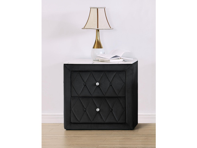 1Pc Black Nightstand Upholstery Fabric Faux Marble Top Two Storage Drawers Wooden Bedroom Furniture