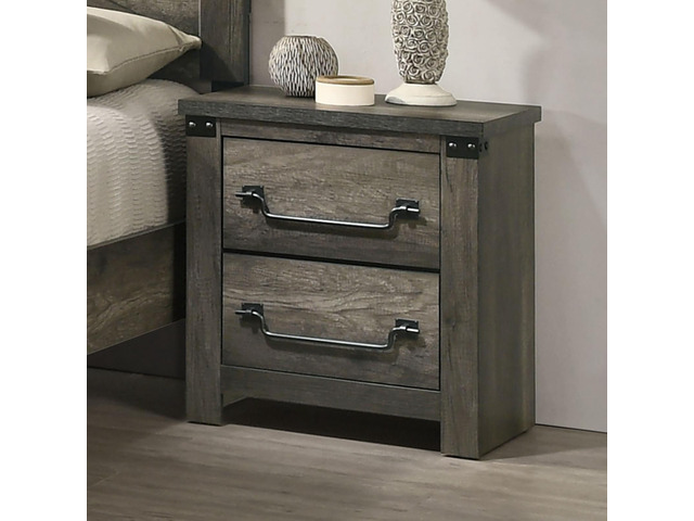 Rustic Gray 1Pc Bedside Table Melamine Paper Wooden Nightstand Antique Brass Color Drop Handles