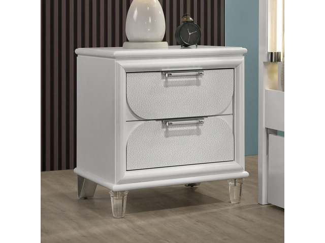 Contemporary Pearl White 1Pc Nightstand Acrylic Handles Embossed Panels English Dovetails 2-Drawers Bedside Table