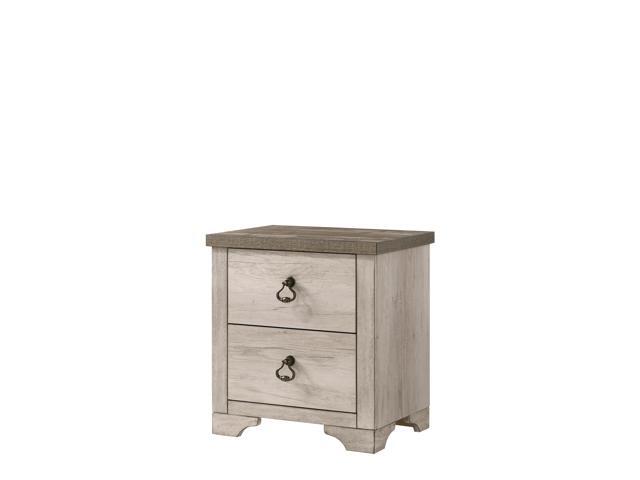 1Pc Cottage Style Distressed 2 Drawer Nightstand Driftwood Finish Contrasting Weathered Brown Top Traditional Ring Pull Hardware Wooden