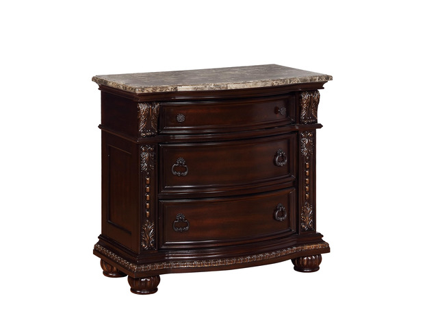 1pc Marble Top Three Drawers Nightstand Intricate Moldings Beautifully Curved Silhouette Brown Dark Cherry Finish Bedroom Solid Wood Furniture