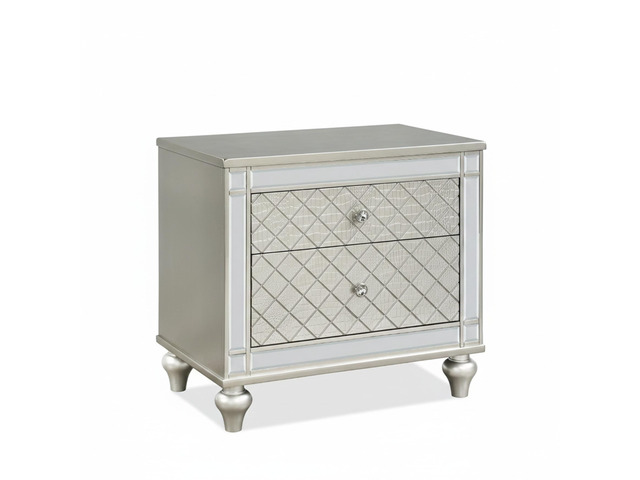 1pc Glam 2-Drawer Bedroom Nightstand Diamond Patterned Drawer Fronts Silver Finish