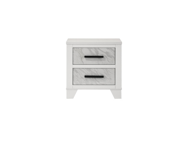 White Color 1Pc Nightstand Black Bar Pulls Bedside Table Metal Center Glide Faux Marble Insert Bedroom Rubberwood