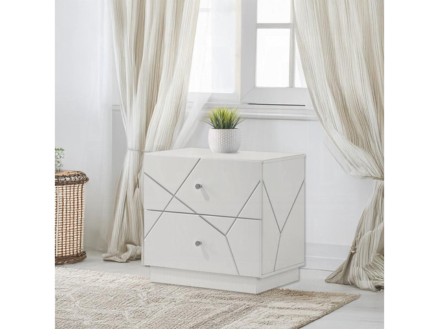 Ultra Modern White Finish Stylish Nightstand with 2x Drawers Embossed Lines Design Contemporary Bedroom Furniture 1pc Bedside Cabinet