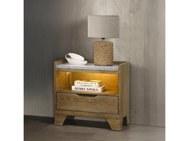 Transitional Brown Finish Nightstand With Led Light Usb Ports Wooden Bedroom Furniture 1Pc Bedside Cabinet Drawer Shelf