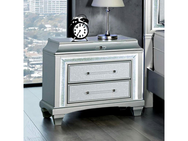 Glam Style 1Pc Nightstand Acrylic Handles Led Light Faux Crystal Trim Gray Finish Bedroom Furniture