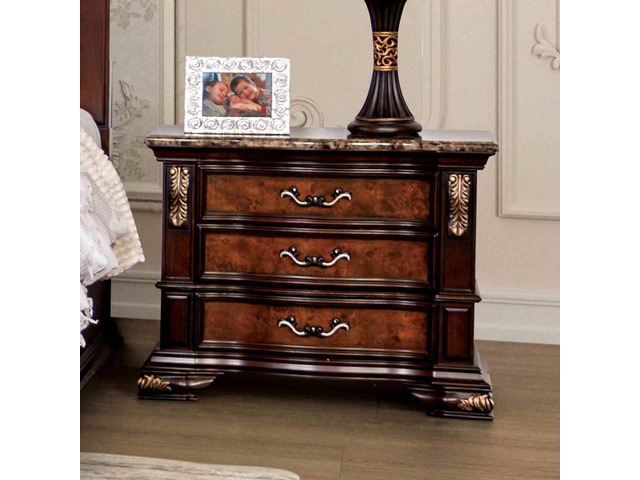 Traditional Style 1Pc Nightstand Sintered Stone Top Usb Port Gold Carved Details English Dovetail Drawers Dark Cherry And Oak Finish Bedroom Furniture