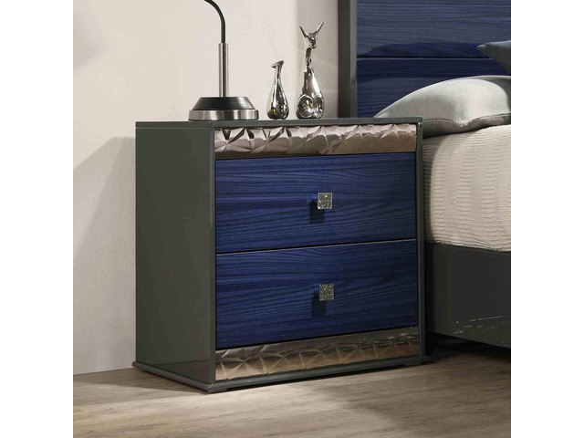 Glam Style 1Pc Nightstand Chrome Molding Metal Side Glide Ash Gray And Indigo Blue Finish Bedroom Furniture