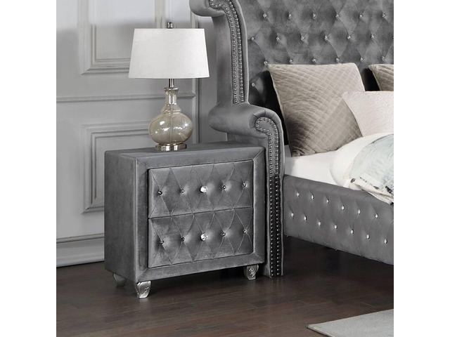 Glam Style 1Pc Nightstand Button Tufted Full Upholstered Frame Acrylic Buttons Gray Finish Bedroom Furniture