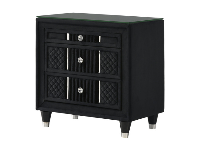Contemporary 1Pc Nightstand Black Velvet Upholstery Textured Look Luxurious Feel Velvet Drawer Fronts Crystal-Style Knobs