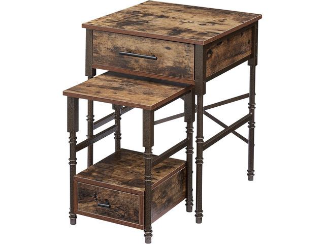Nesting End Tables With Drawers, Metal Frame & Wooden Top, Stackable Small & Large Side Tables For Living Room, Bedroom, Sofa Side (Brown)