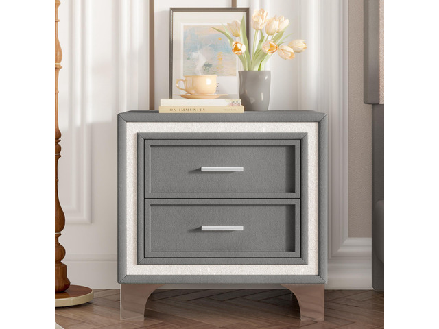 Mid Century Vintage Nightstand With Silver Glitter Strip Decor And Metal Legs, Velvet Bedside Table With 2 Drawers, Fully Assembled Except Legs And...