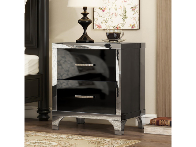 Elegant High Gloss Nightstand With Metal Handle,Mirrored Bedside Table With 2 Drawers For Bedroom,Living Room,Black