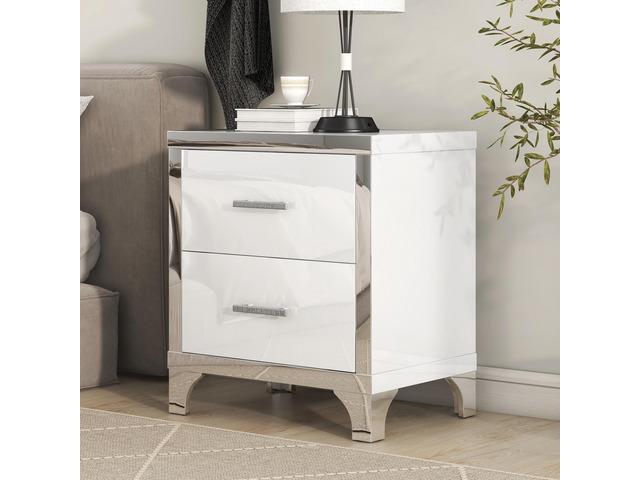 Elegant High Gloss Nightstand With Metal Handle,Mirrored Bedside Table With 2 Drawers For Bedroom,Living Room,White