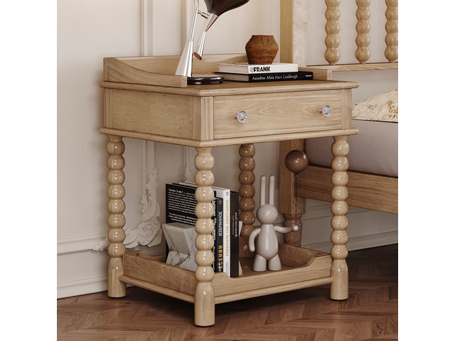 Retro Style Nightstand With Drawer And Open Shelf For Bedroom, Bedside Table With Turned Legs And Metal Handle,Natural