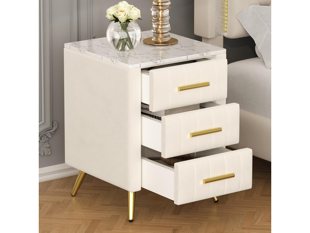 Upholstered Wooden Nightstand With 3 Drawers And Metal Legs & Handles, Bedside Table With Marbling Stickers Worktop - Beige