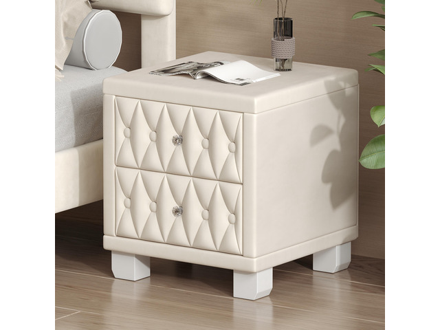 Elegant Velvet Nightstand With 2 Drawers And Crystal Handle, Storage Bedside Table With Button-Tufted, Beige