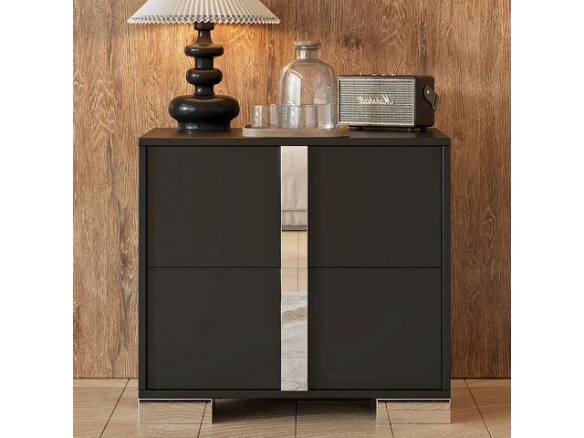 Elegant Nightstand With Metal Foot, Mirrored Bedside Table With 2 Drawers For Bedroom, Living Room, Black