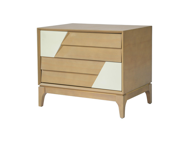 Modern 2-Drawer Nightstand With Two-Tone Geometric Design, Japandi Style Bedside Table With Angled Patchwork Detail, Natural & Cream White End...