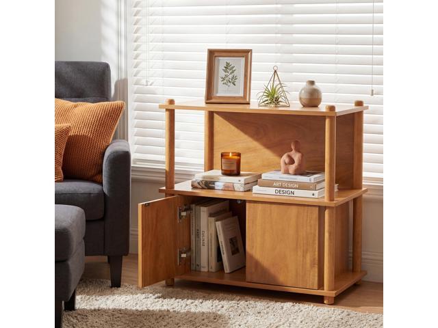 Wood Nightstand/Side Table With Open Shelf And Storage Cabinet