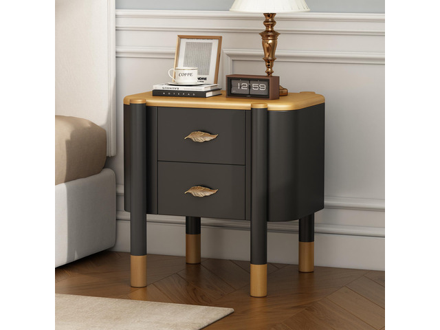 Contemporary 2 Drawers Nightstand With Curved Profile Design, Bedside Table With Metal Feather-Shaped Handles And Exposed Legs, End Table For...