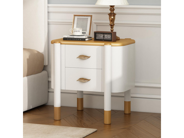 Contemporary 2 Drawers Nightstand With Curved Profile Design, Bedside Table With Metal Feather-Shaped Handles And Exposed Legs, End Table For...