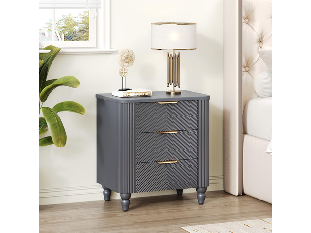 Mid-Century Fluted 3 Drawers Nightstand, Bedside Table With Curved Profile Design And Wide Gold Glossy Handles, End Table For Living Room, Bedroom,...