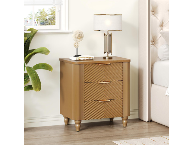 Mid-Century Fluted 3 Drawers Nightstand, Bedside Table With Curved Profile Design And Wide Gold Glossy Handles, End Table For Living Room, Bedroom,...