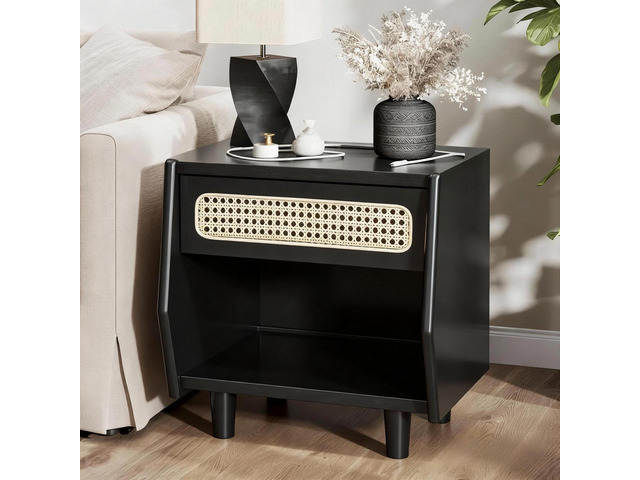 Black Nightstand With Rattan Detail, Mdf + Solid Wood, Modern Bedroom Storage, Open Shelf & Drawer, Indoor Furniture