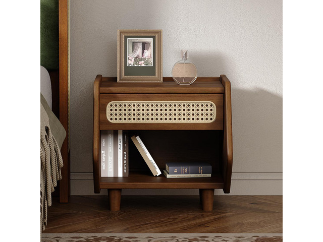 Walnut Nightstand With Rattan Detail, Mdf + Solid Wood, Modern Bedroom Storage, Open Shelf & Drawer, Indoor Furniture