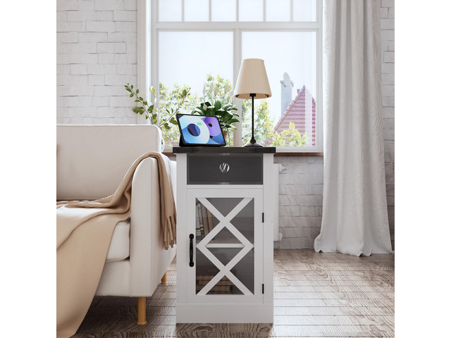 Farmhouse End Table With Charging Station, 15.4'' Rustic Nightstand With Barn Door & Adjustable Shelf, Wooden Sofa Side Table With 3-Tier Storage...